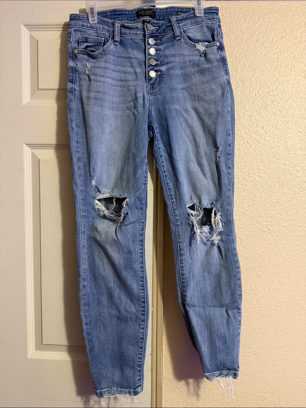 Judy Blue Light Blue Distressed Button-Fly Boyfriend Jeans